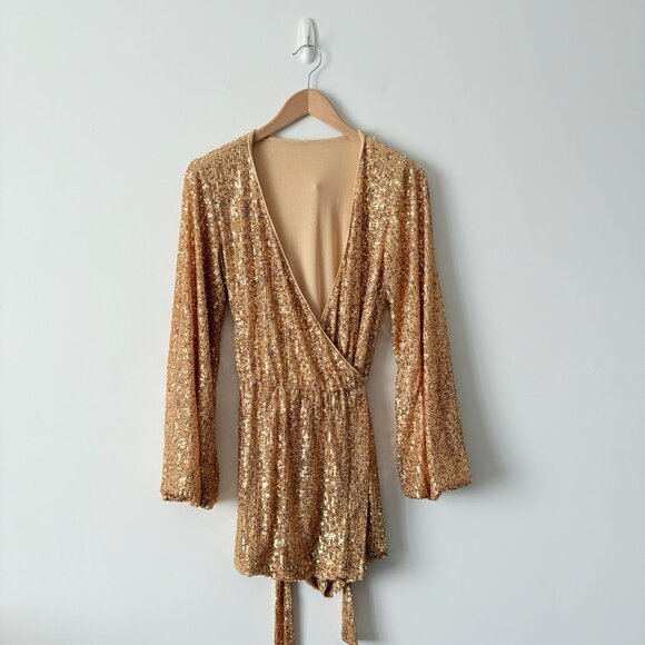 Free People Christa Sequin Long Sleeve Romper Gold Sparkle Size 4 - Picture 7 of 11